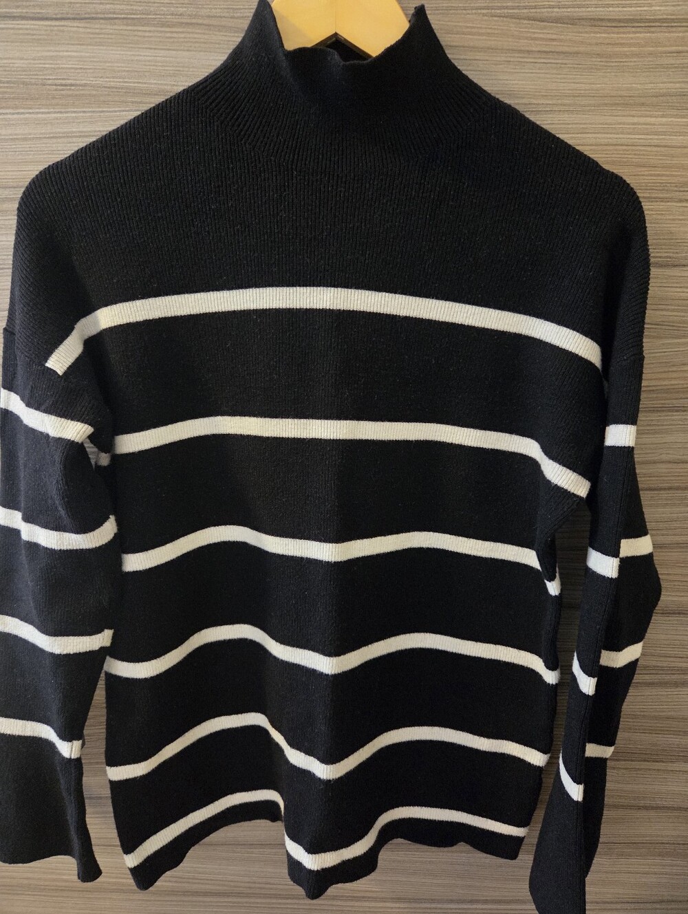 Melanie Lyne Striped Mock Neck Knit Sweater Black White